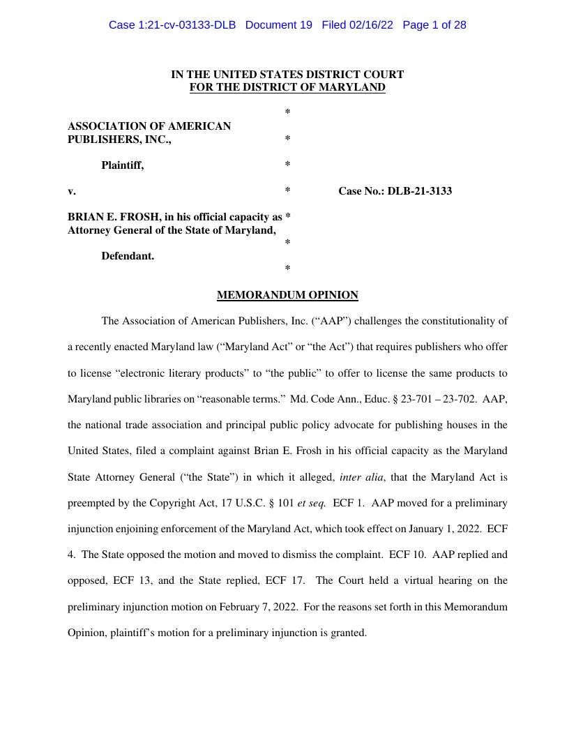 Visual published with the cited source for this record: Maryland's library ebook law fell to a federal preemption ruling