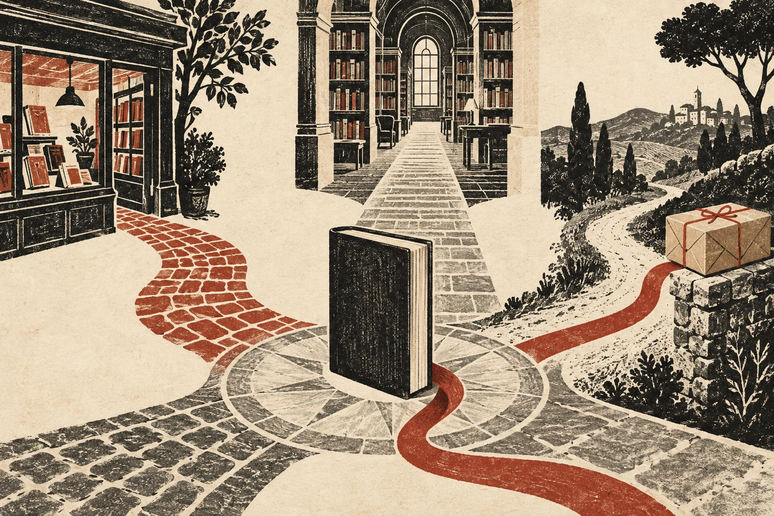 A book at a crossroads between a shop, a library, and a delivery parcel.