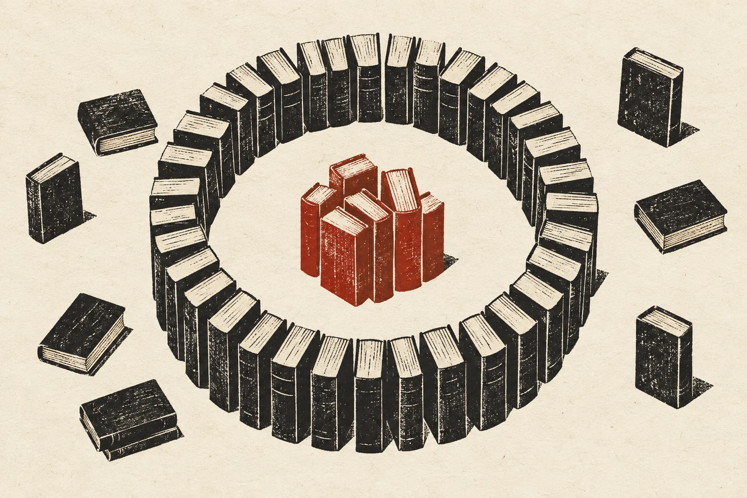 A boundary of book spines distinguishes a measured group from books outside it.