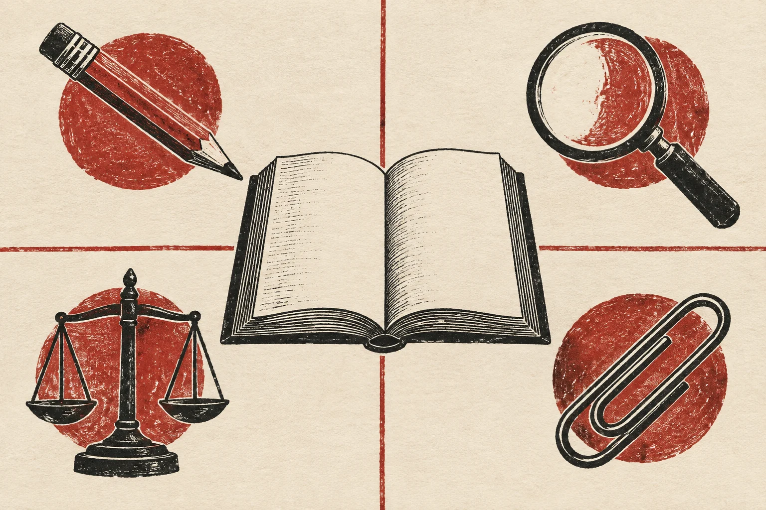 Four reading tools surround an open book, each in its own area.