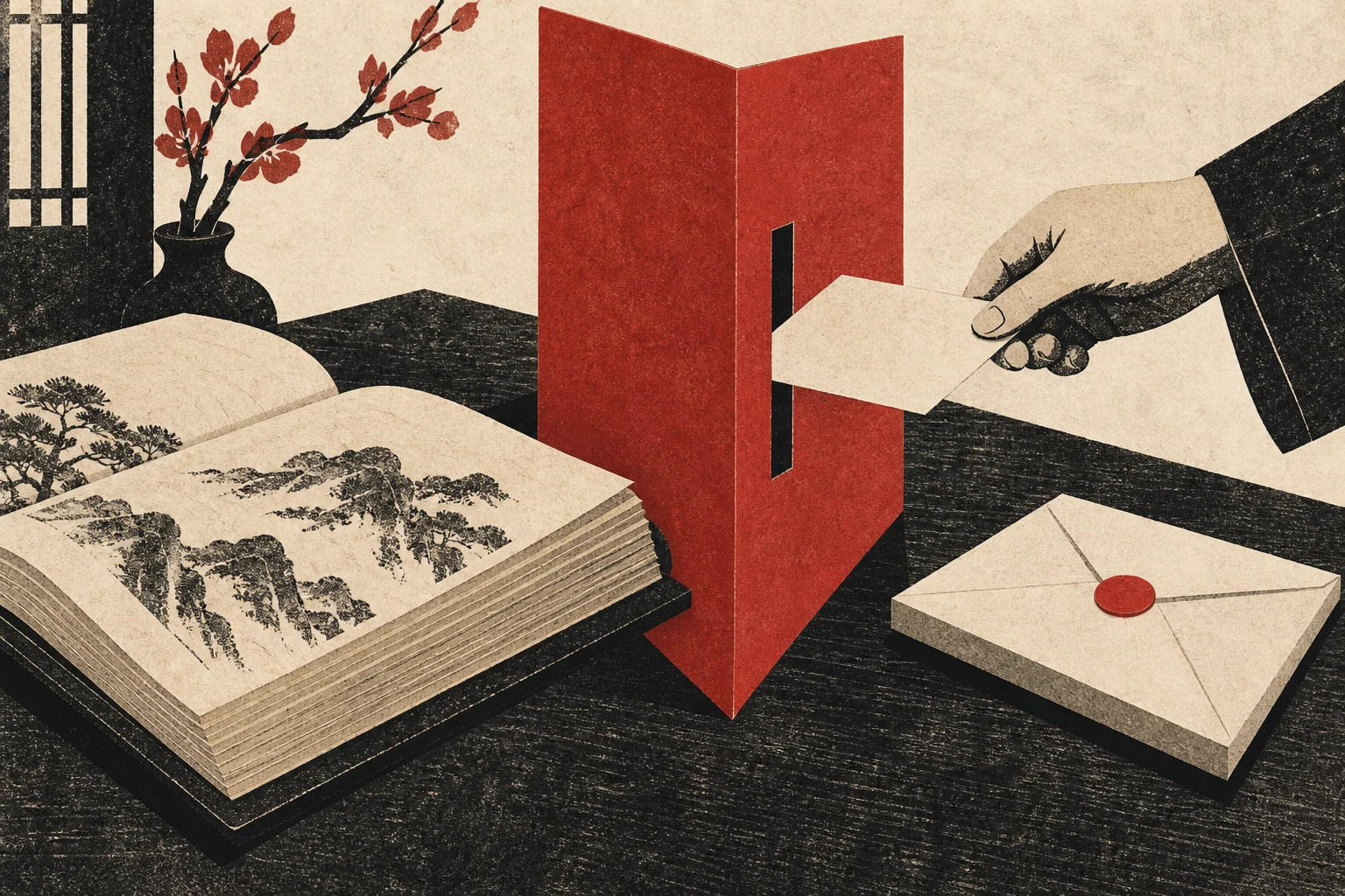 A hand selects one sheet while a manuscript remains behind a paper screen.