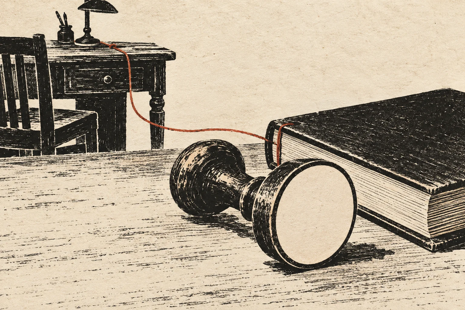 A blank stamp and a closed book linked back to a writing desk.