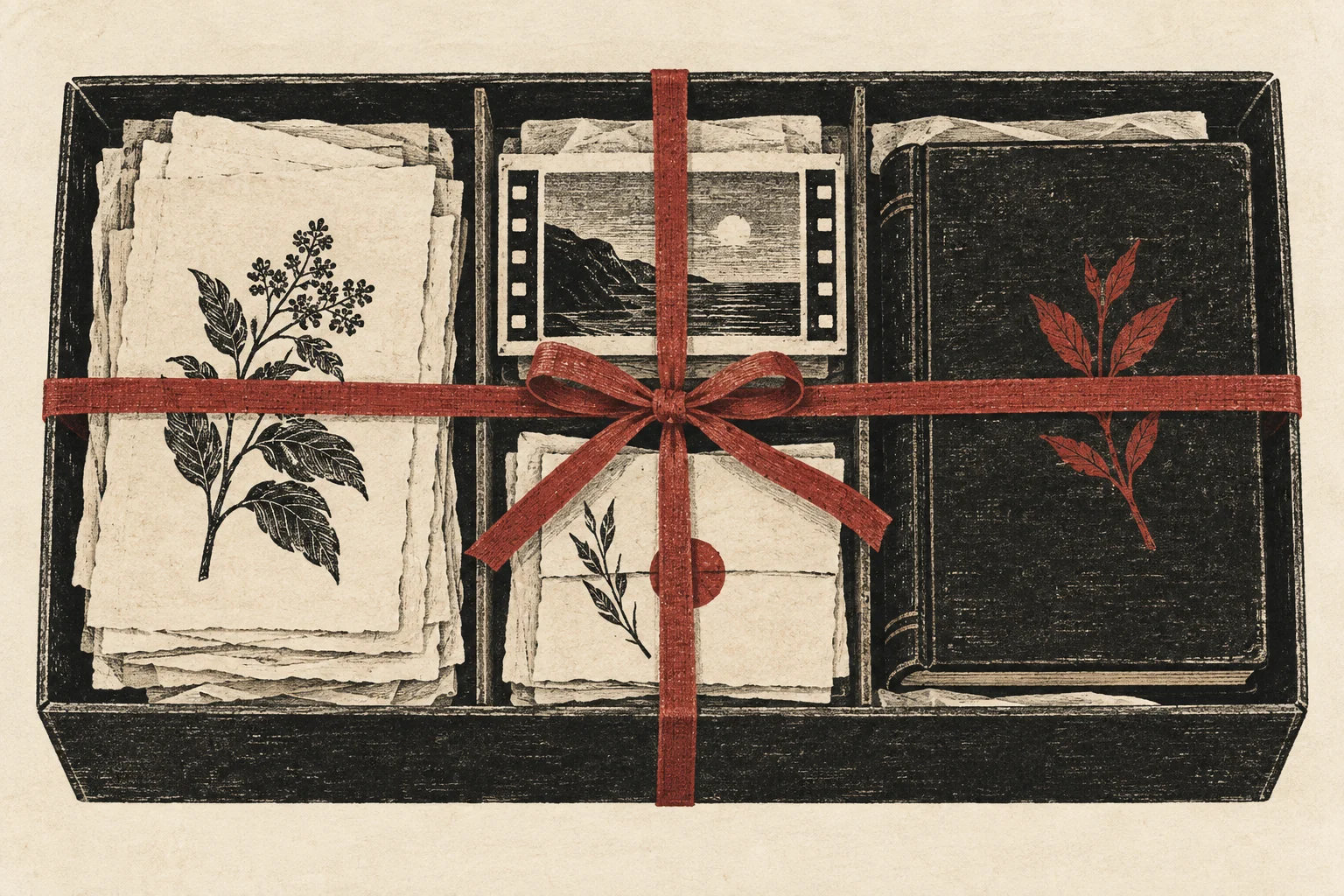 An archival box preserves manuscript pages, images, notes, and a book together.
