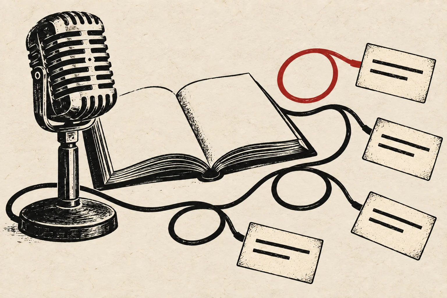 A microphone cable links an open book to separate blank credit cards.