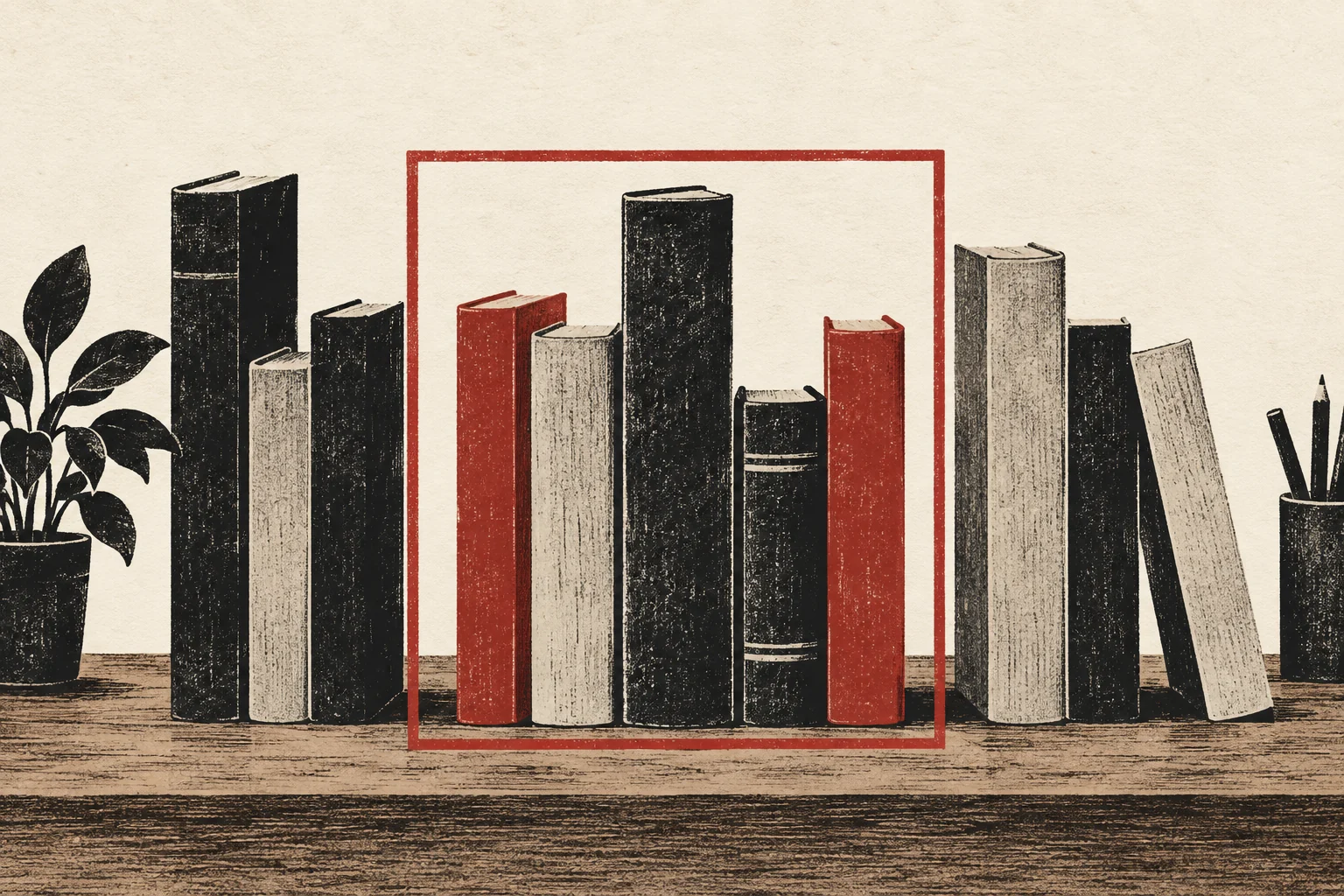 A red frame selects a subset from a group of varied books.