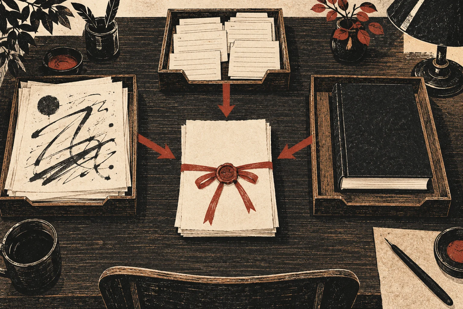 Manuscript, source cards, and a finished book connect through an approved page.