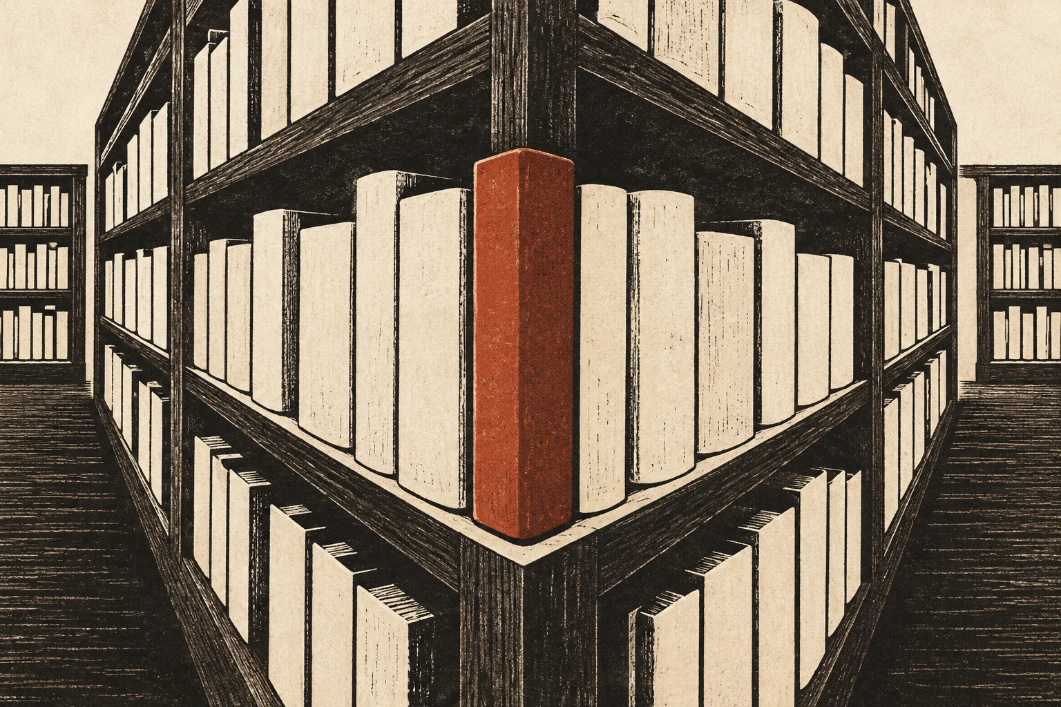 A red book at the branching point of a library shelf.