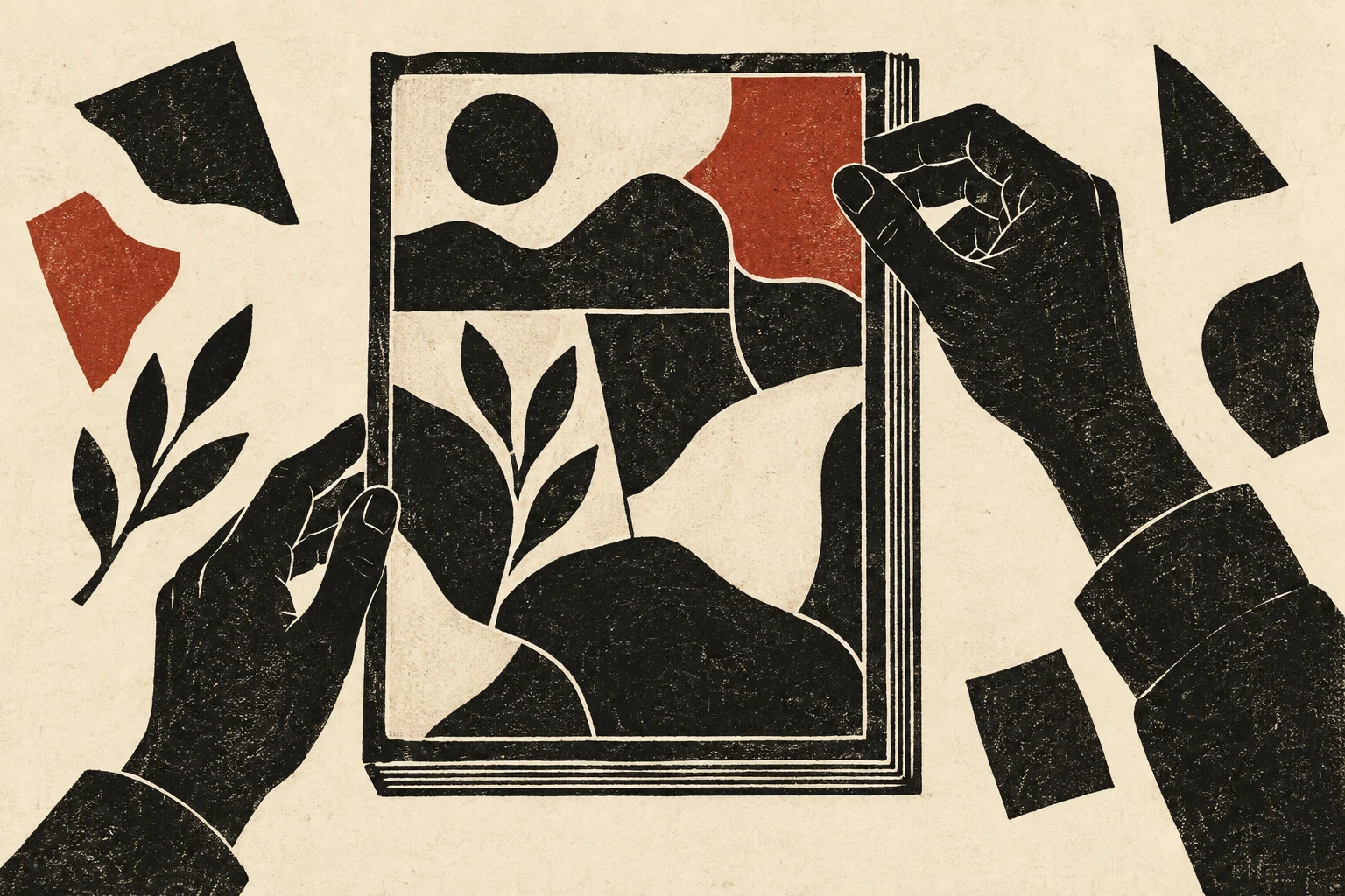 Hands place a final red paper piece within a manuscript's defined boundary.