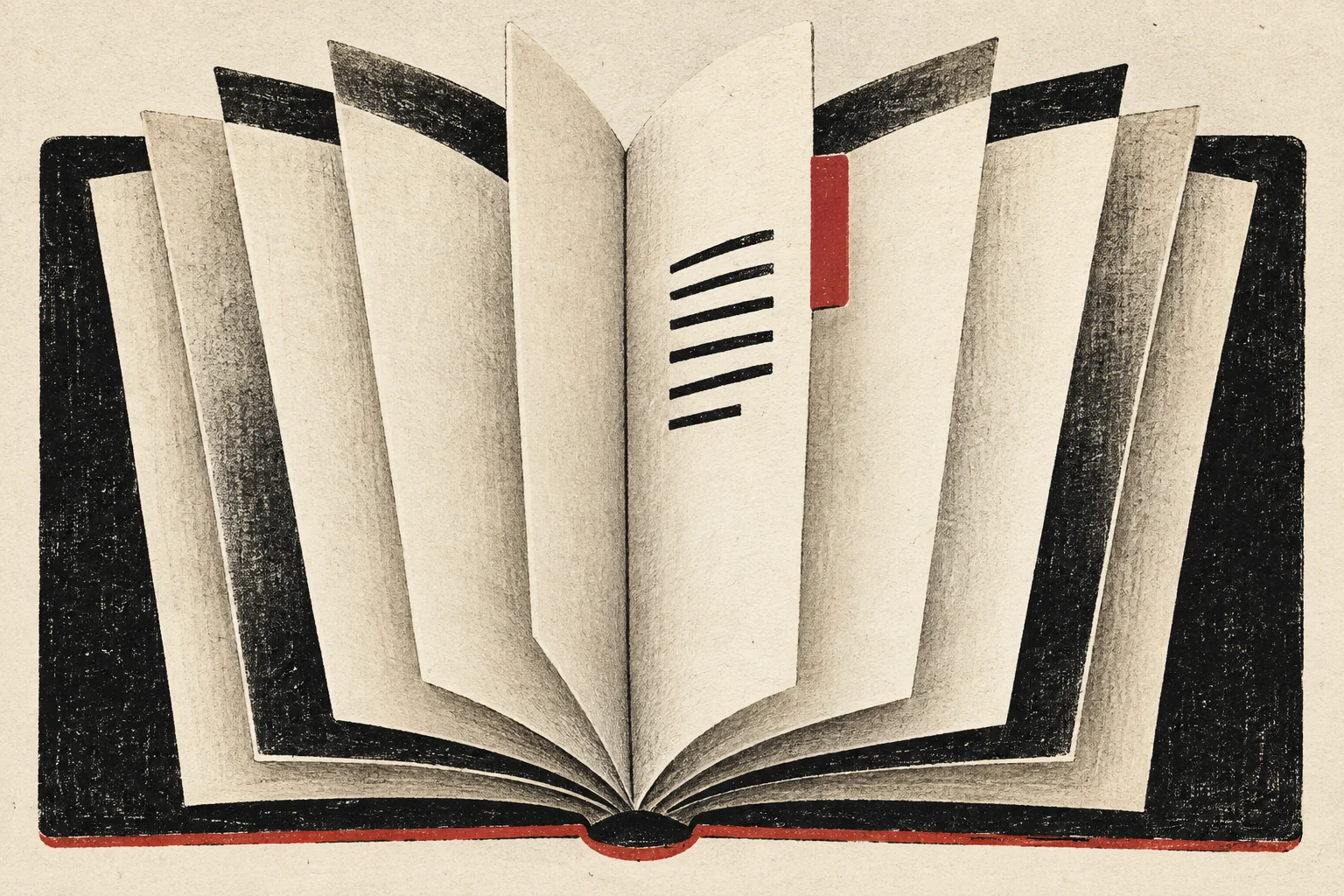 The front leaves of a book fan out around a marked reference page.