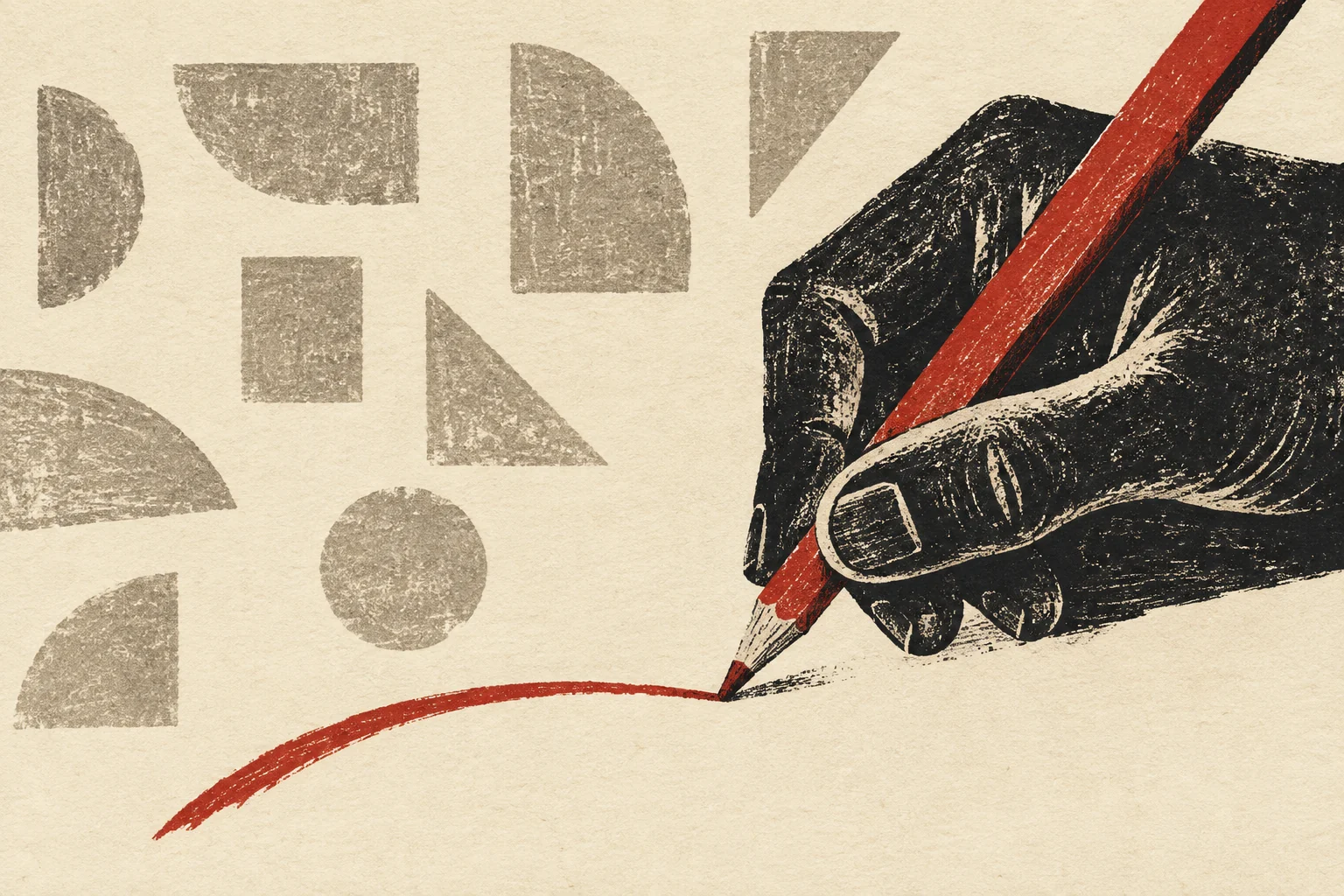 A hand makes a deliberate red pencil mark among separate repeated fragments.