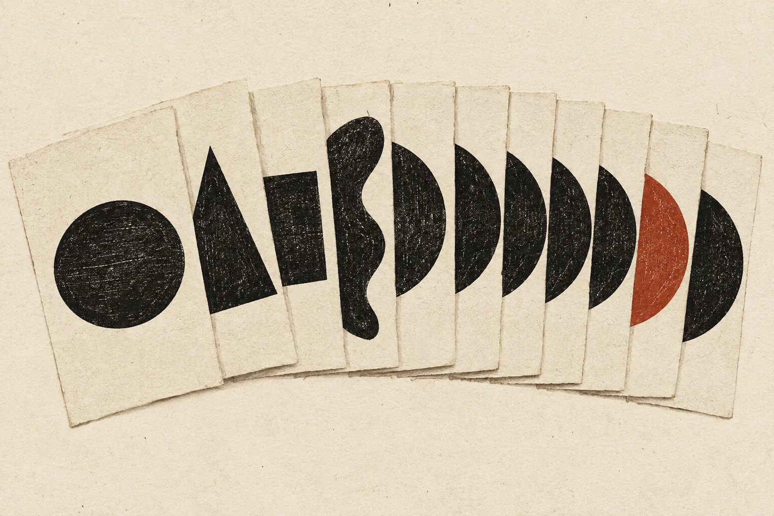 Distinct shapes on manuscript pages partly converge into a shared pattern.