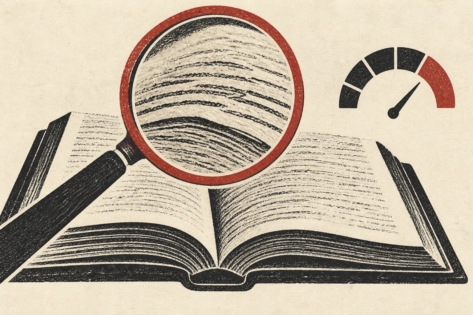 A lens focuses on an open page while an unmarked gauge sits apart.