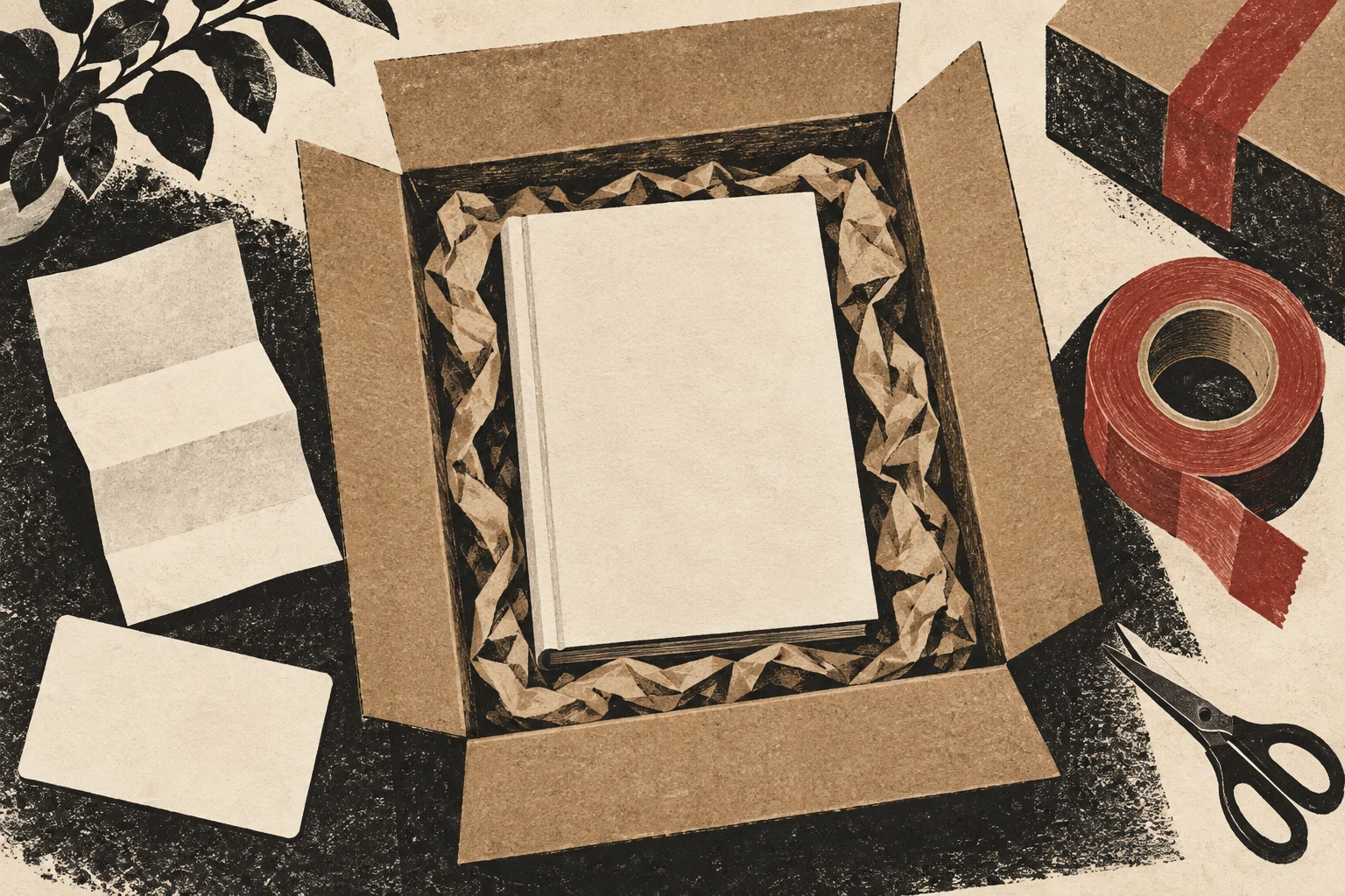 A book, receipt, and sealing tape arranged around an open shipping carton.