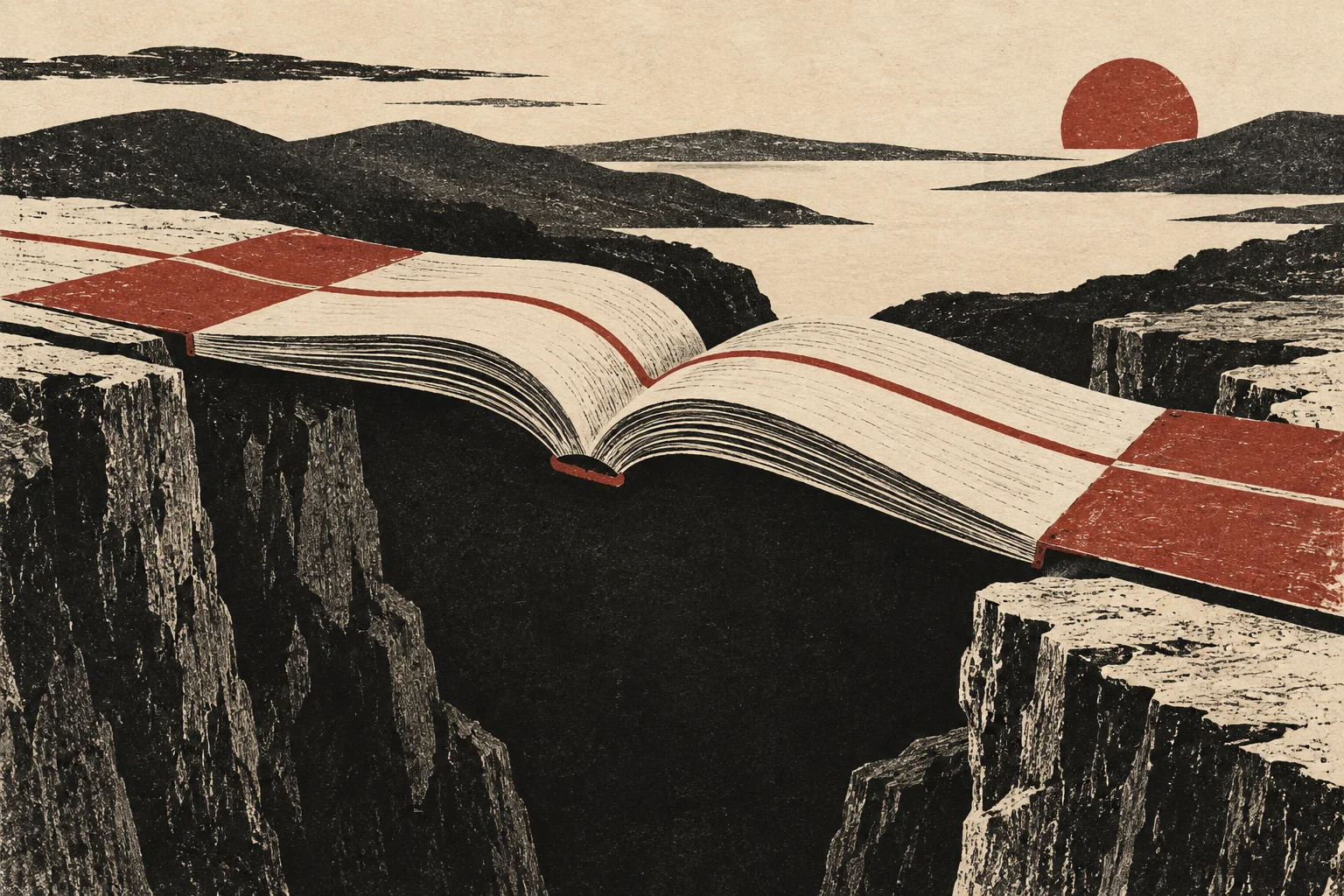 An open book forms a continuous bridge, followed by a red line.