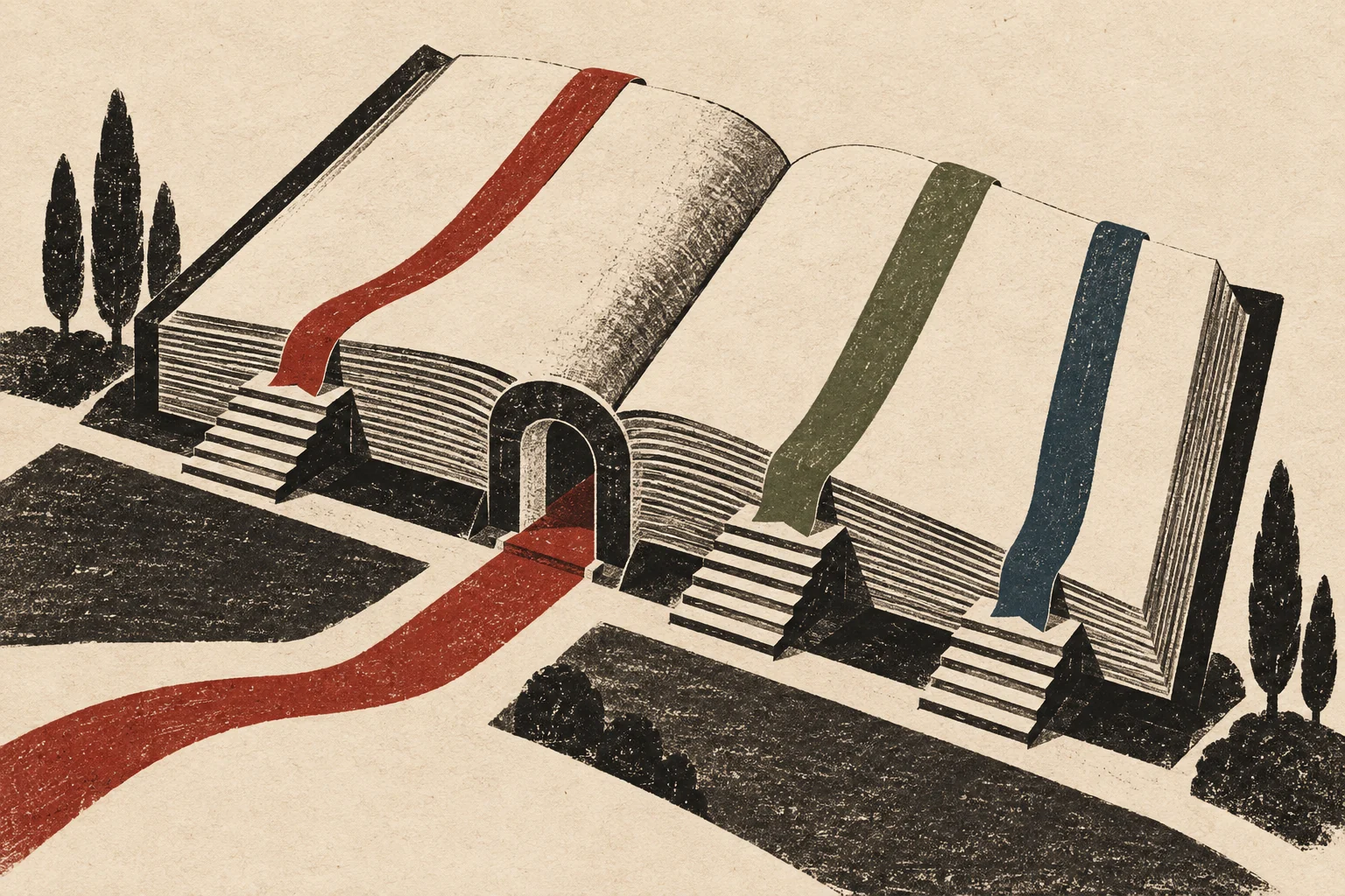 A ribbon and stepped page edges offer several routes into an open book.