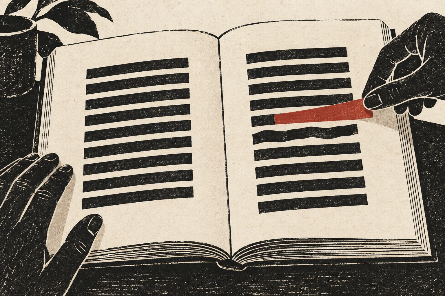 A correction slip sits beside a passage in an open book.