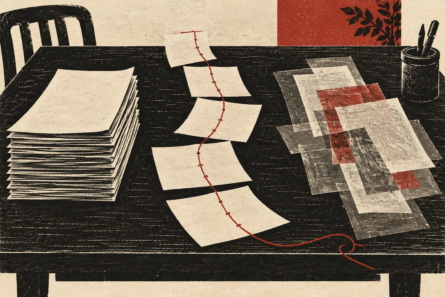Loose leaves, a binding thread, and overlapping revisions suggest three manuscript orders.