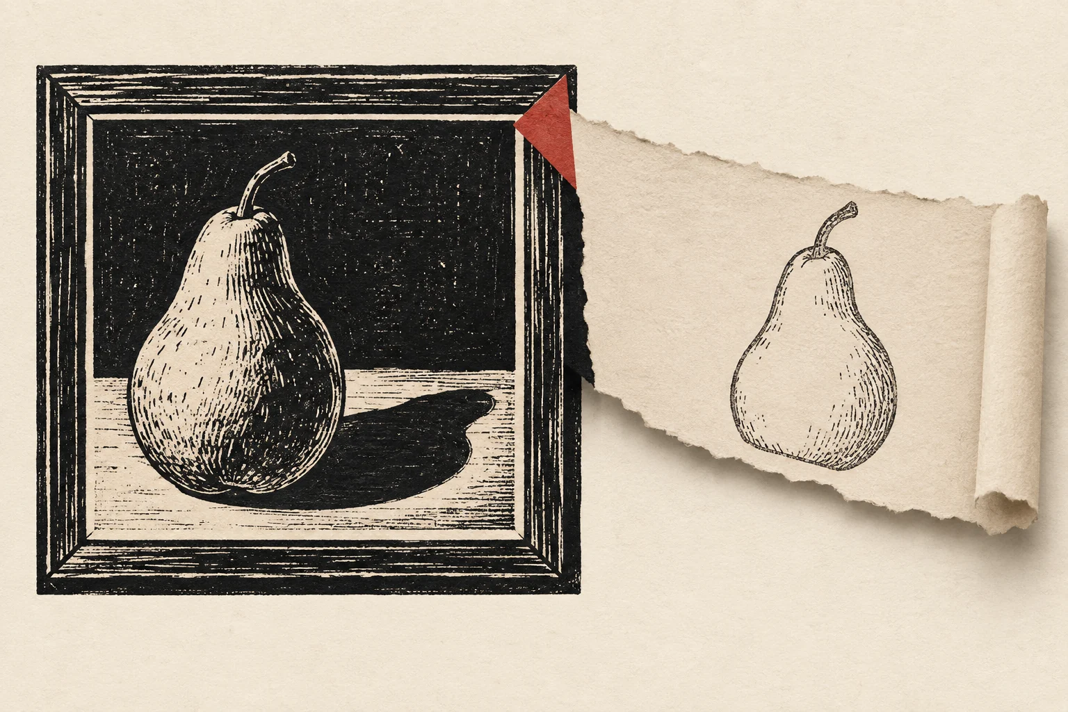 A pear pictured in a frame reappears as a line drawing on a paper strip.