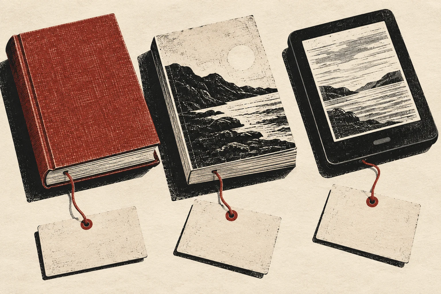 Hardback, paperback, and digital editions linked to separate blank catalogue cards.