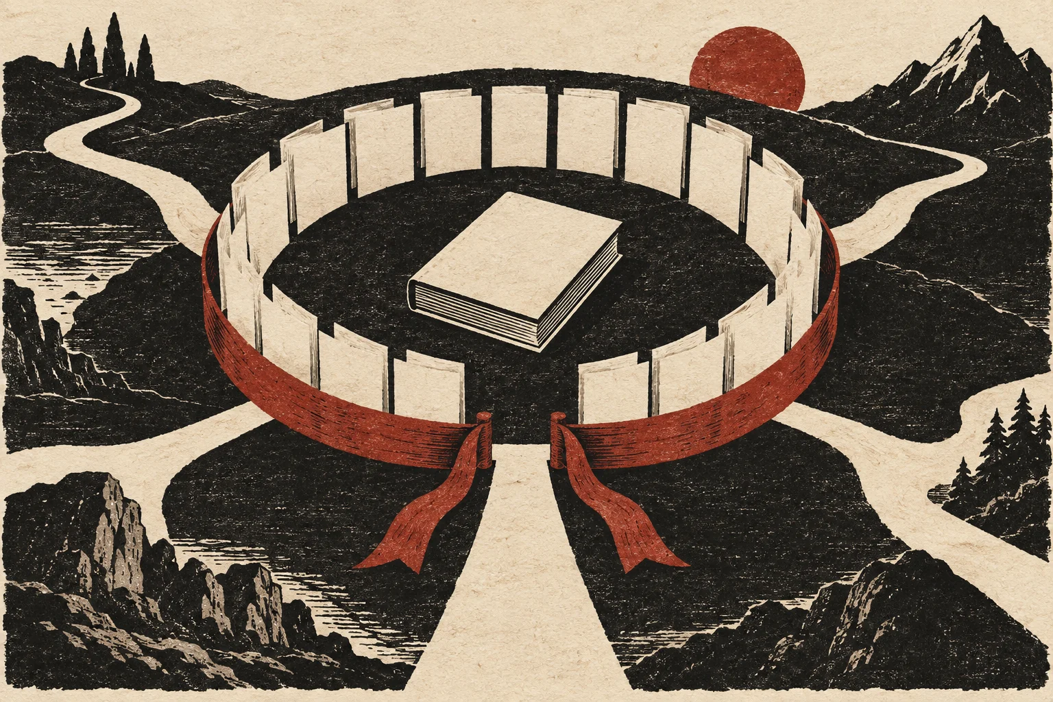 A book inside a ring of paper leaves, with routes beyond a red gate.
