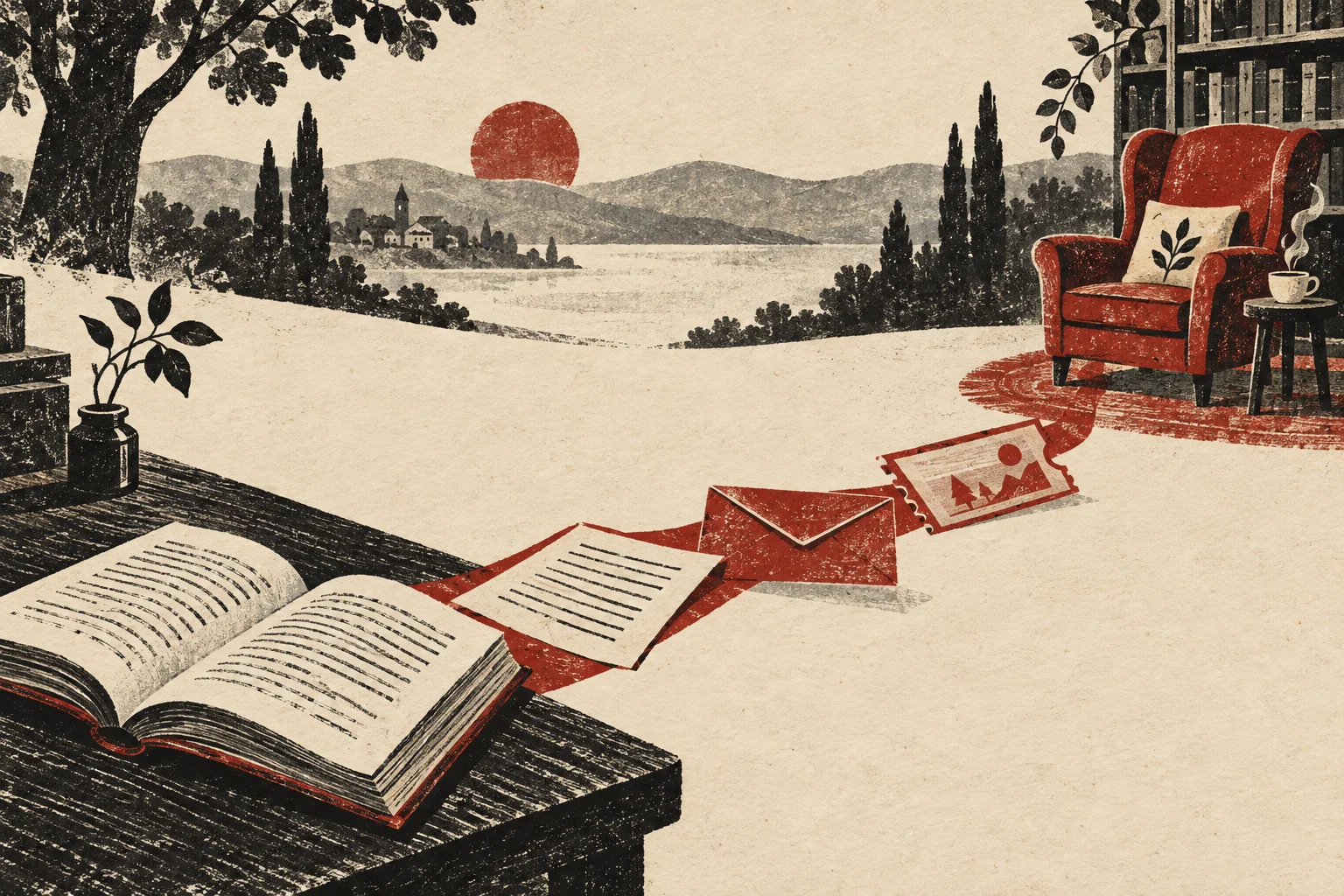 A path of a sample page, envelope, and ticket connects a book to a reading chair.