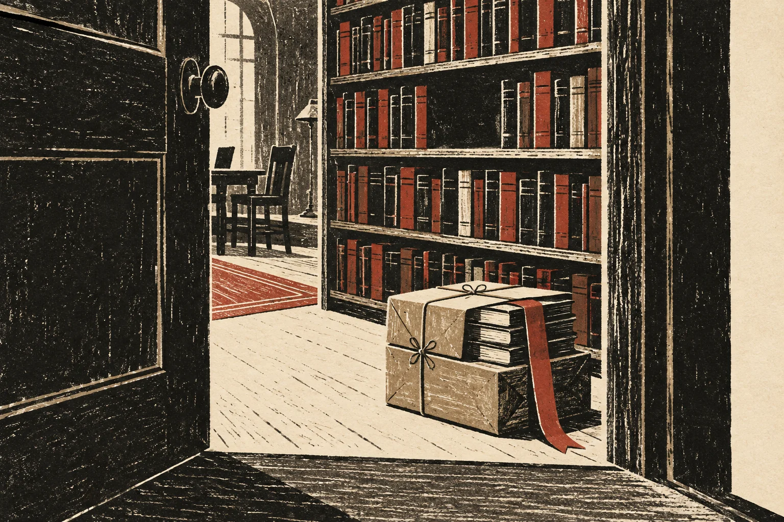 A parcel of books waits at the doorway of a library shelf.