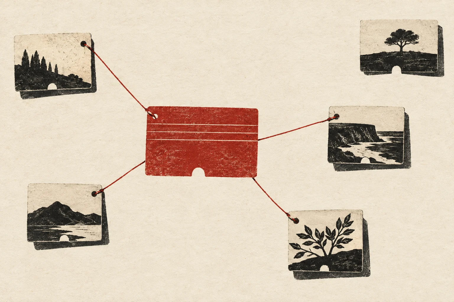 A central catalogue card connects to several records, with one connection still missing.