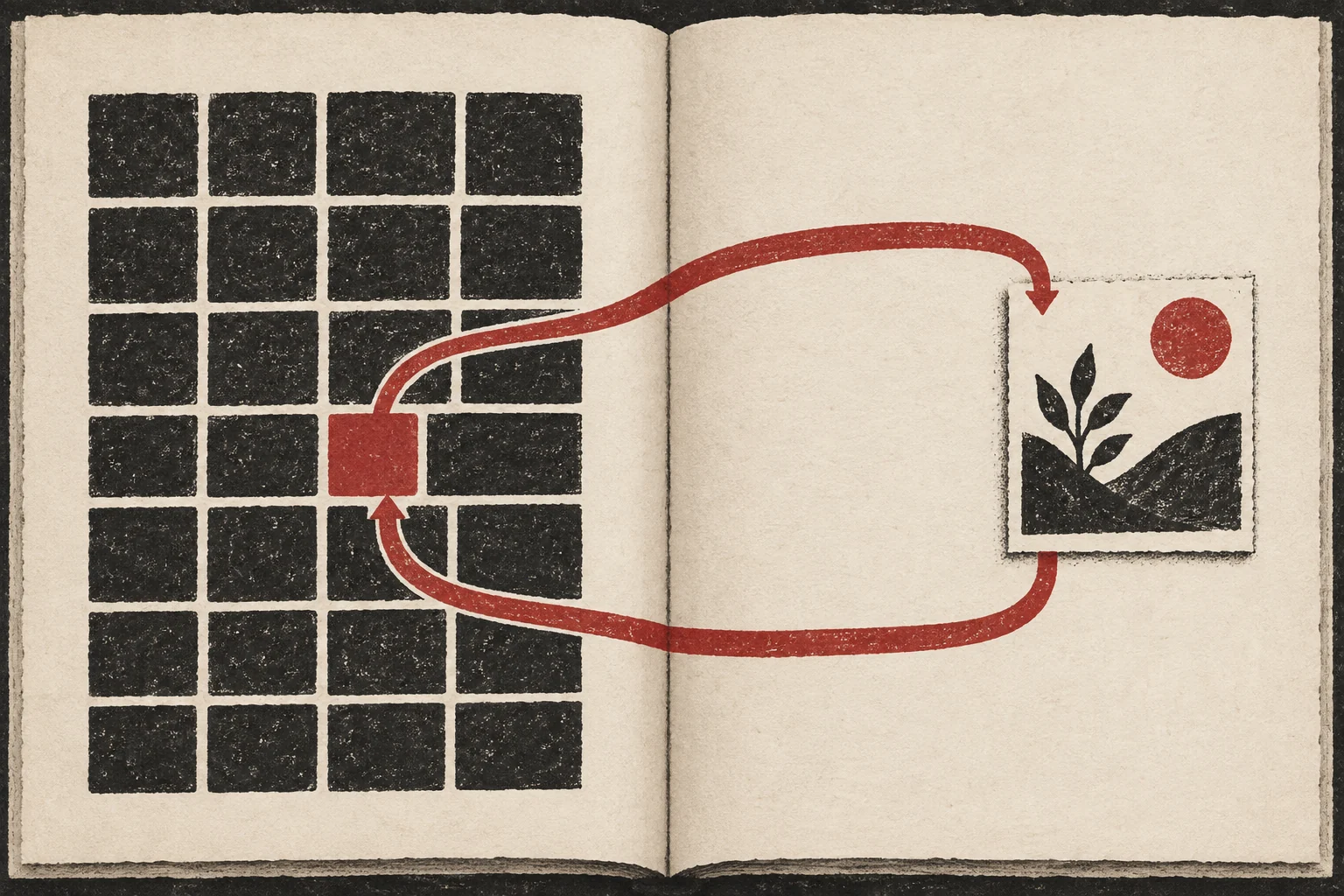 A ribbon leads from a book's main page to a note and back.