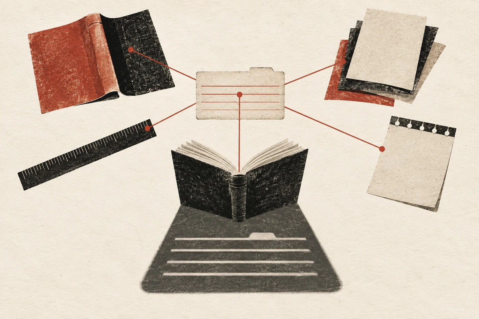 An open book and its physical details connected to a blank catalogue record.