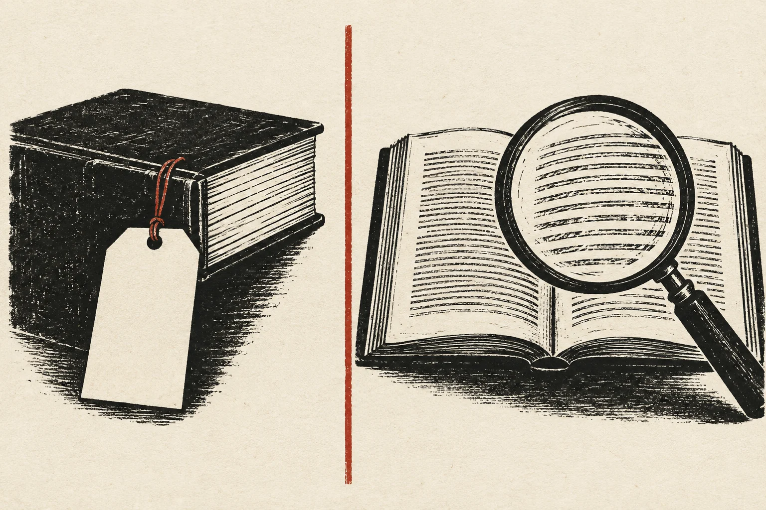 A blank certification tag and a reader's lens suggest different kinds of judgment.