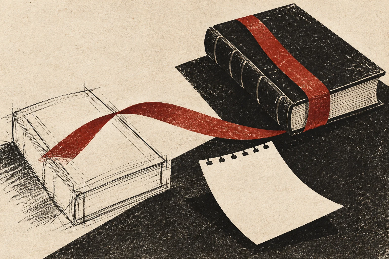 A ribbon connects the outline of a book to a finished book and calendar leaf.