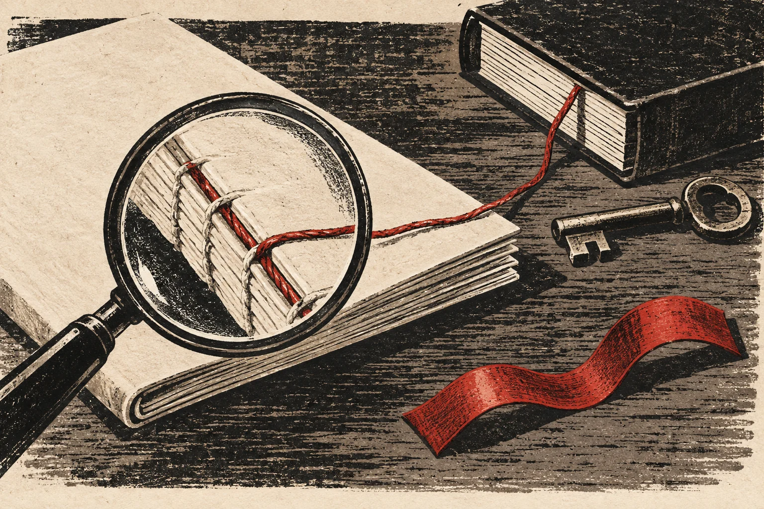 A lens follows a thread through a contract booklet to a book and key.