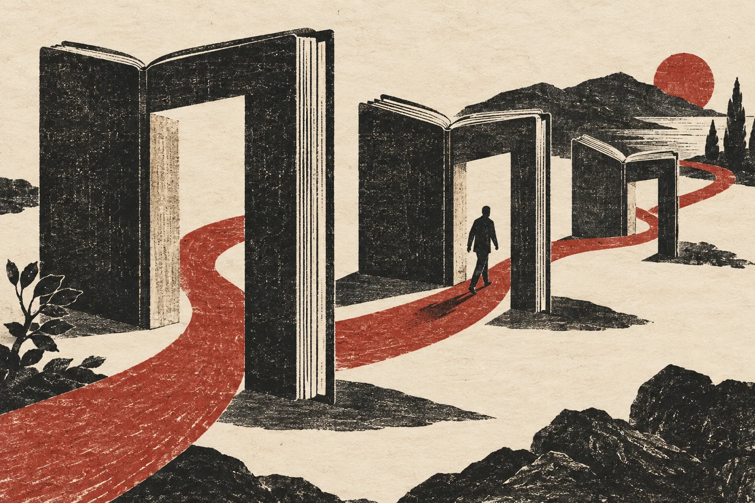 A ribbon passes through book-shaped doorways from one viewpoint to another.