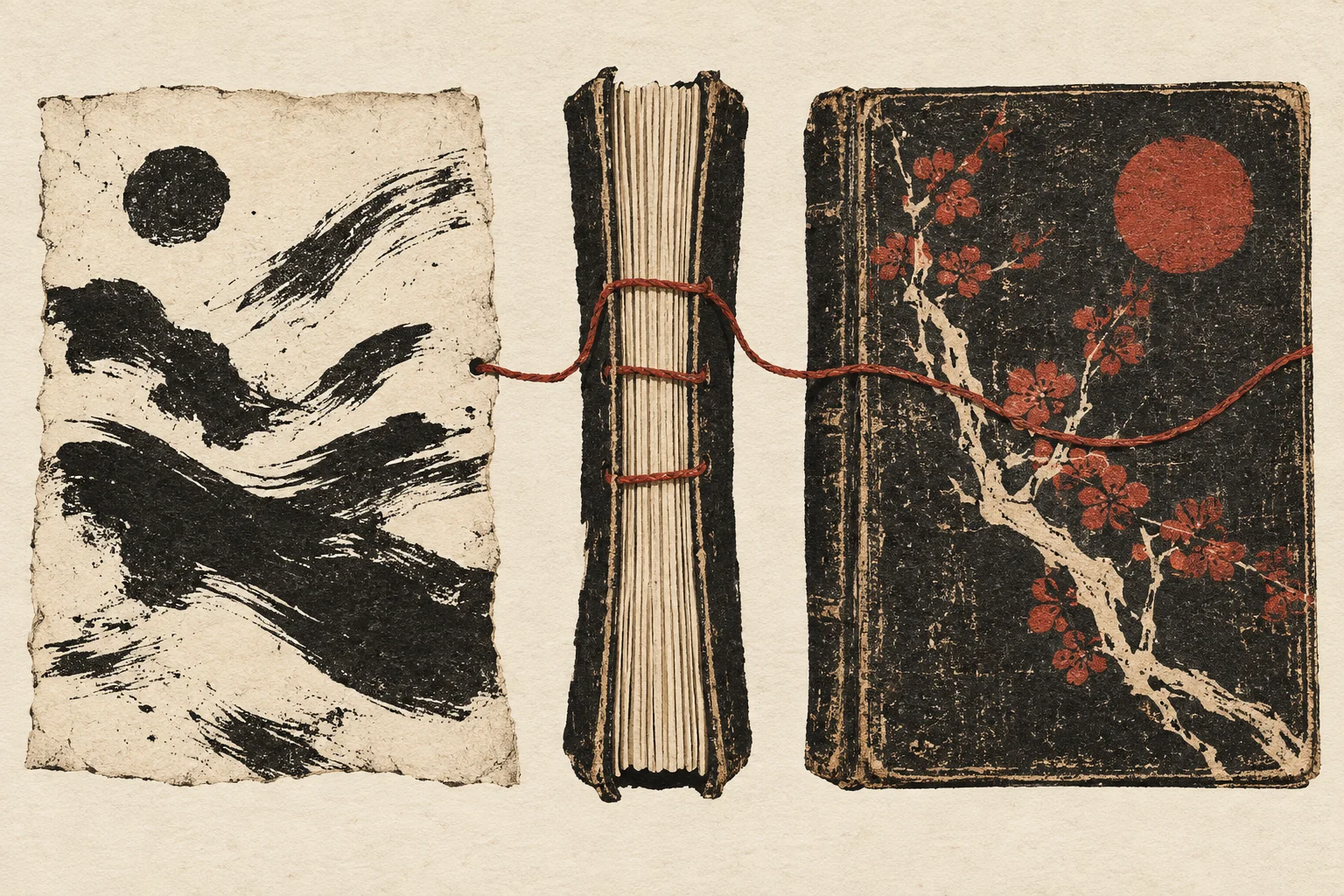 Ink strokes, binding, and a textured cover present three ways to examine a book.