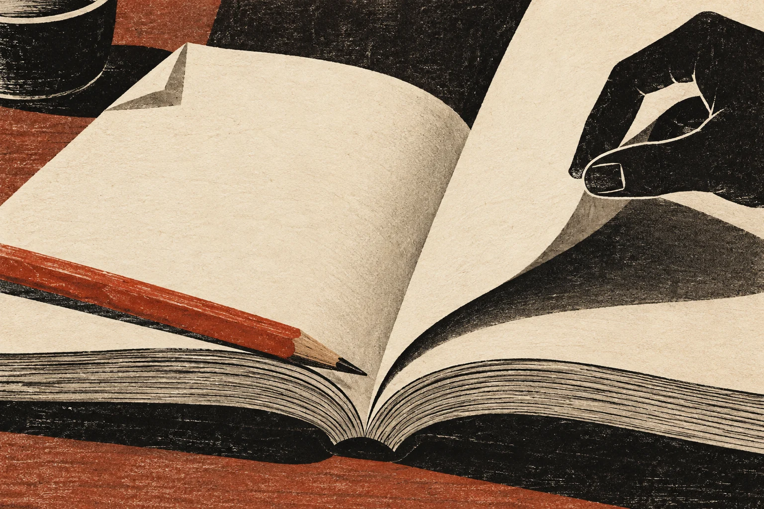 A pencil and turned page beside the gutter of an open proof copy.