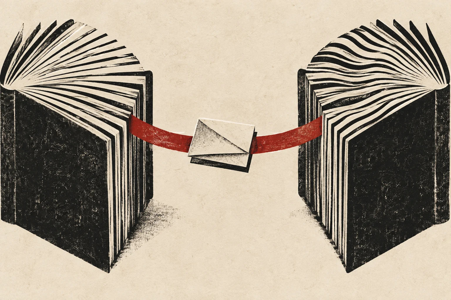 Two books with different page rhythms are joined through a folded brief.