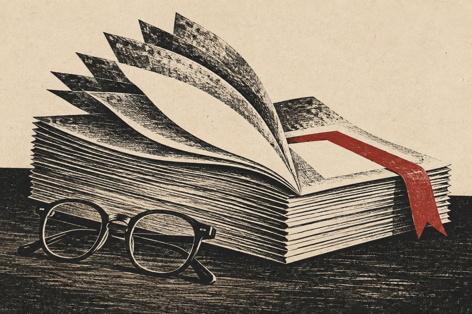 Reading spectacles and a red ribbon mark a place in an unlettered report.