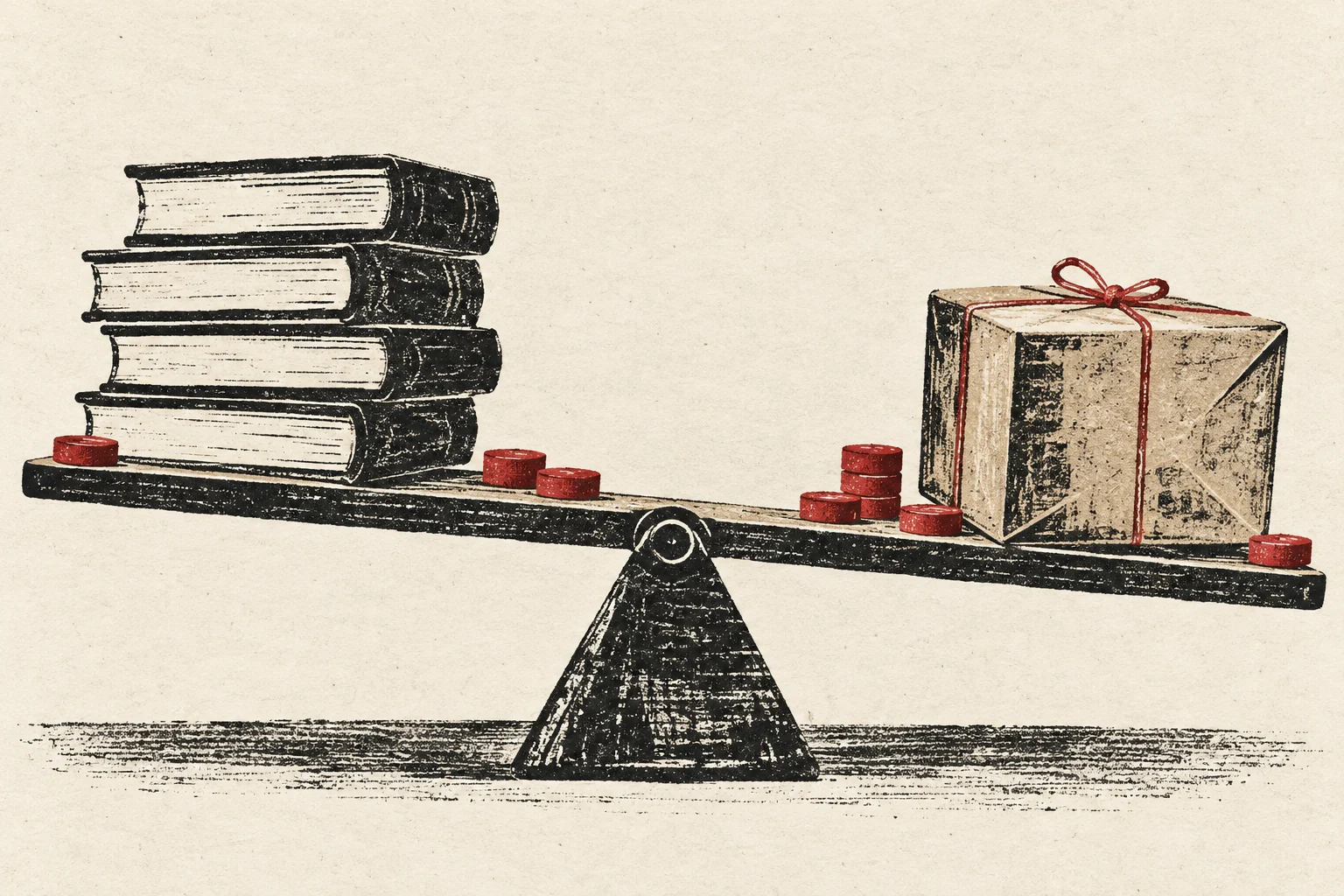 Books and a return parcel sit on opposite sides of a balance.