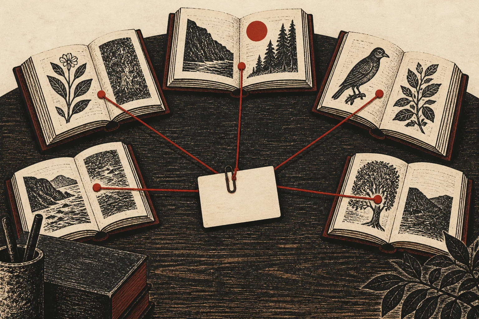 One source card connects to several open chapter sections.