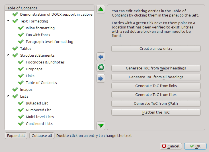 Calibre table-of-contents editor with hierarchical chapter entries