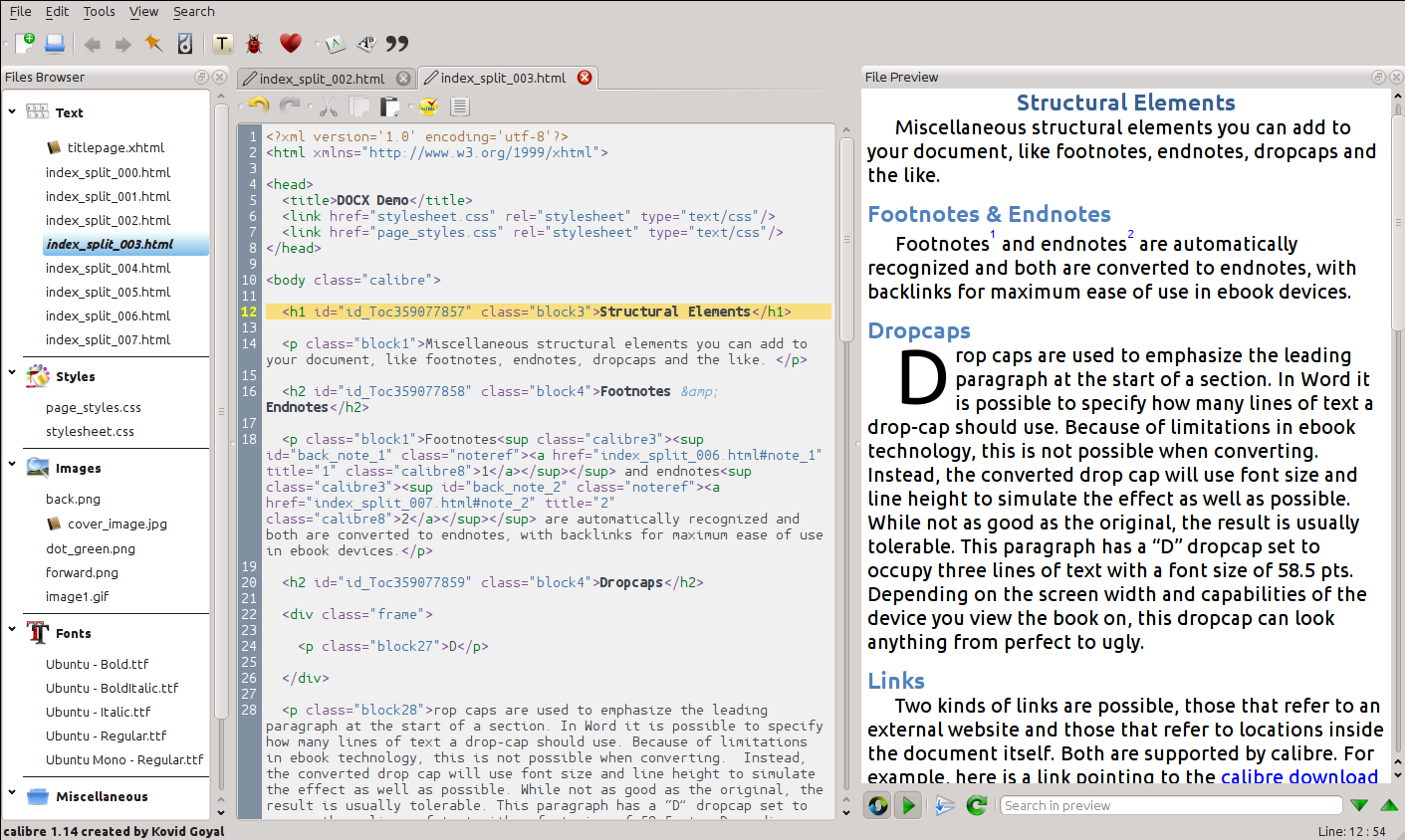 Calibre editor: file browser, source code and reading preview