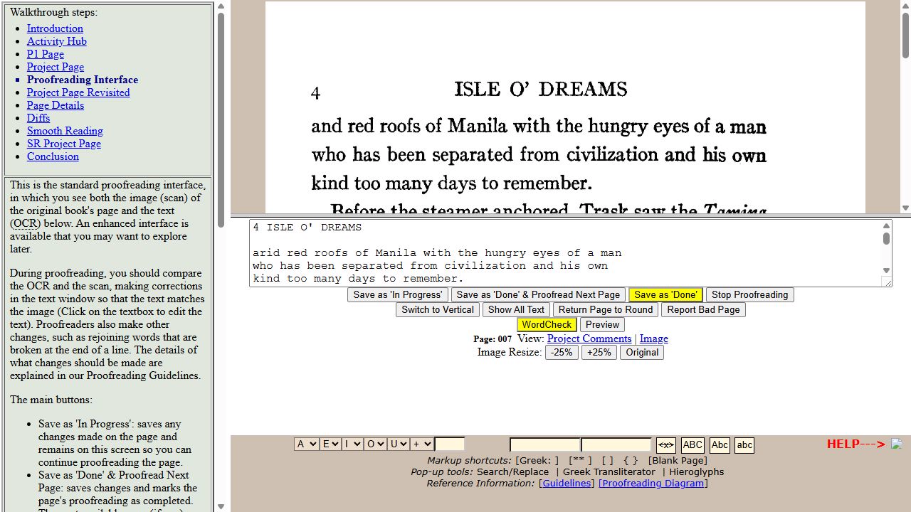 Distributed Proofreaders walkthrough with page scan above an OCR transcription