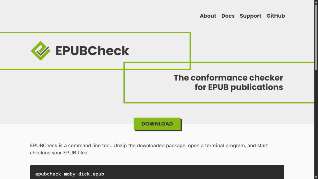 EPUBCheck official page with its validation command example