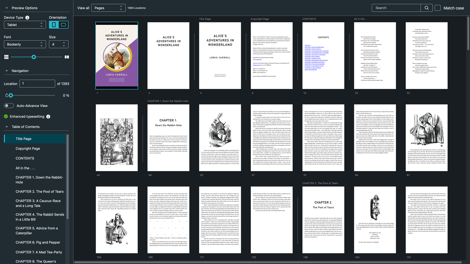 Kindle Previewer interface showing page previews and inspection controls