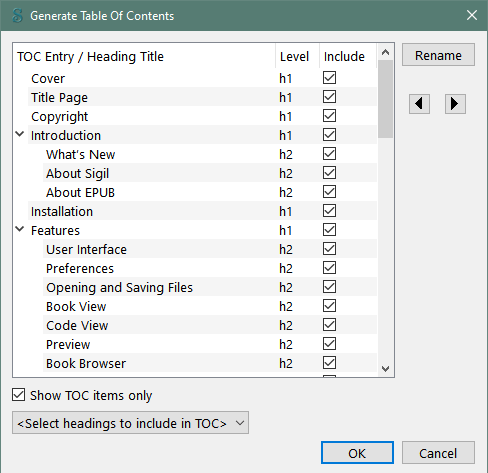 Sigil Generate Table of Contents dialog with selectable heading levels