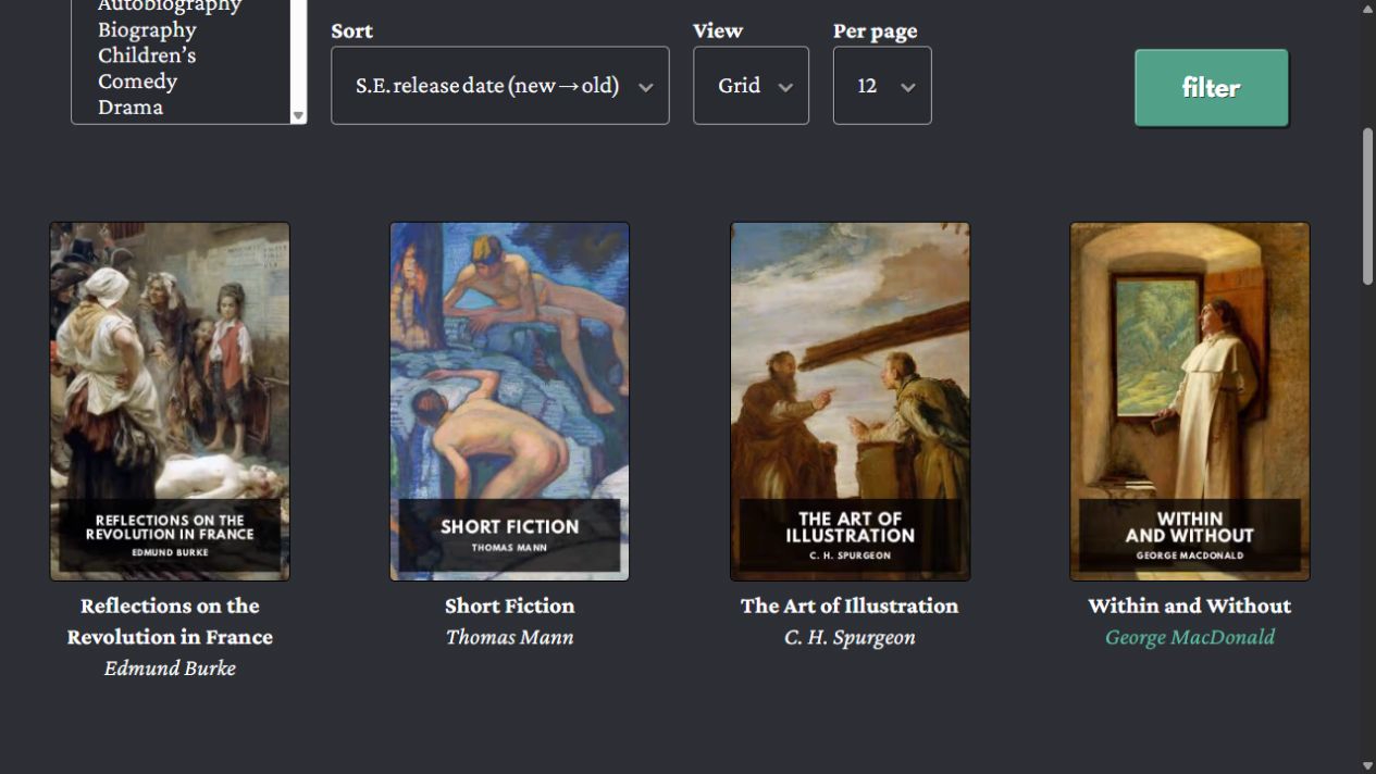 Standard Ebooks catalogue displaying covers and edition links