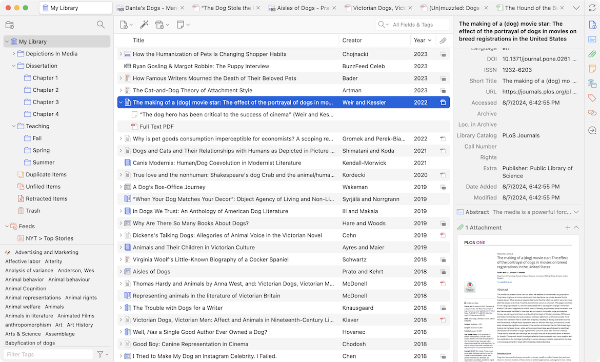 Zotero desktop library with collections, bibliographic items and a source record